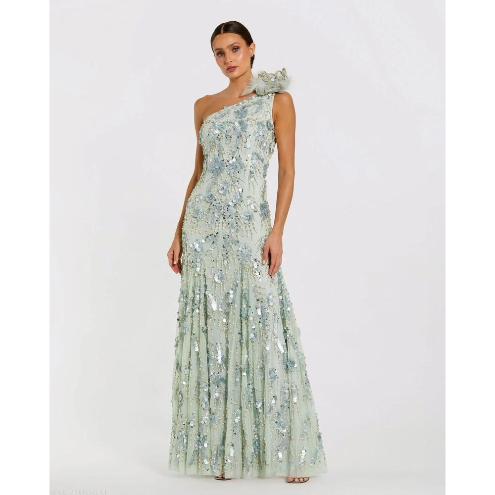 MAC DUGGAL 94151 Green Embellished Size 10 One Shoulder Trumpet Gown Flower NWT